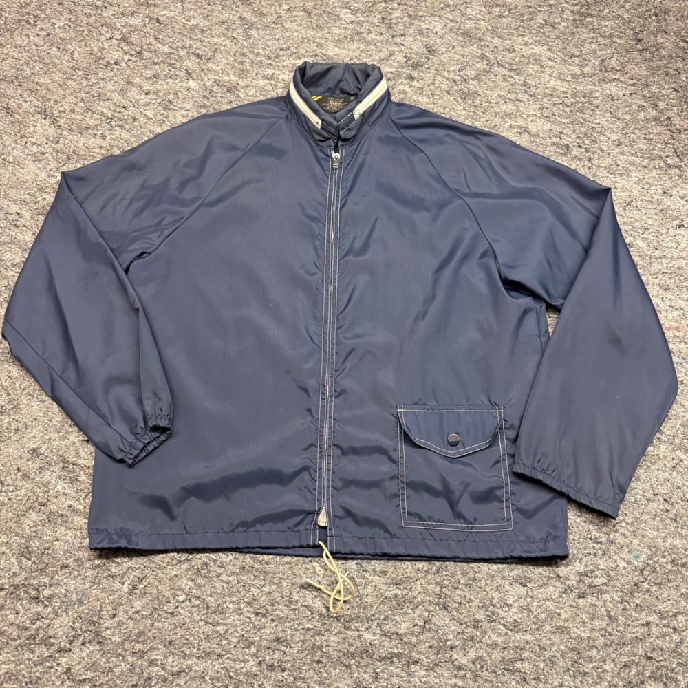 Vintage Sears Navy Blue Nylon Windbreaker Jacket Mens Medium Full Zip Hooded
